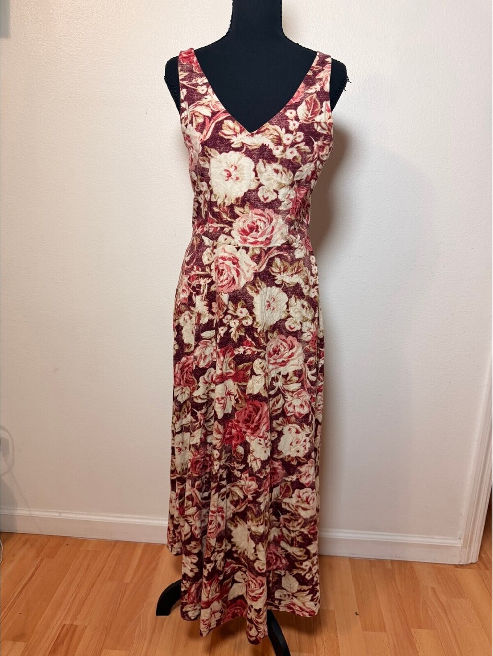 Chaps Burgundy Floral Maxi Dress M Sleeveless V Neck